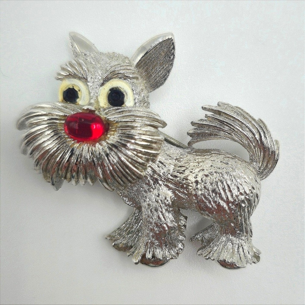 Vtg Monet Brooch Pin Silver‎ Tone Scottish Terrier Dog Red Nose Pet Lover Gift